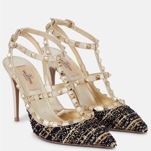 Valentino Garavani Rockstud Tweed Pumps With Straps 100MM - NWT